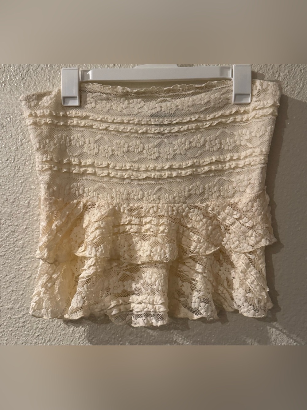 Cream Lace Ruffle Strapless Crop Top